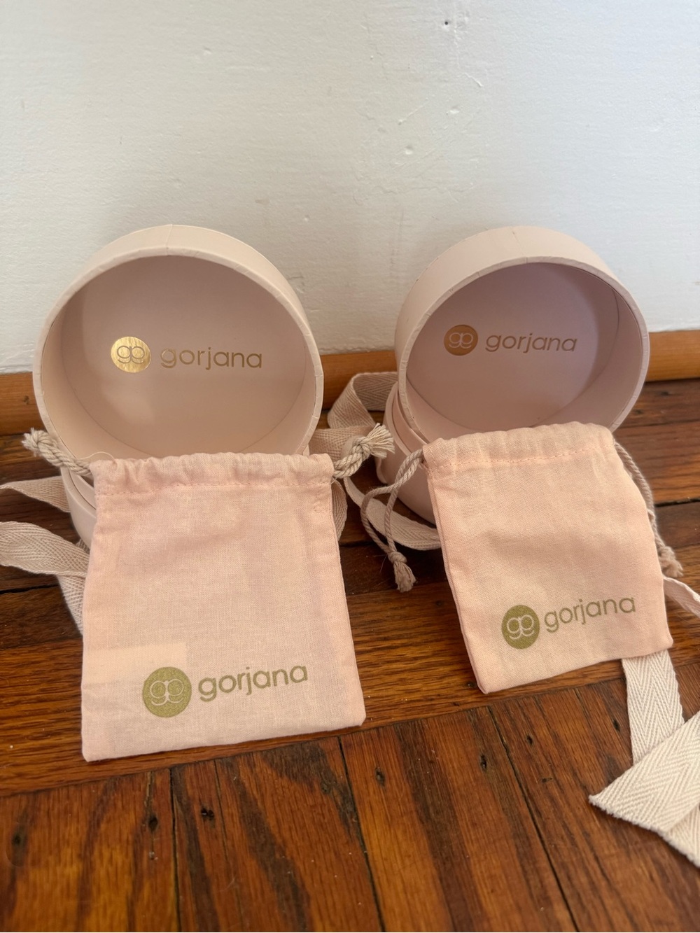 Gorjana Blush Pink Drawstring Pouches with Round Boxes